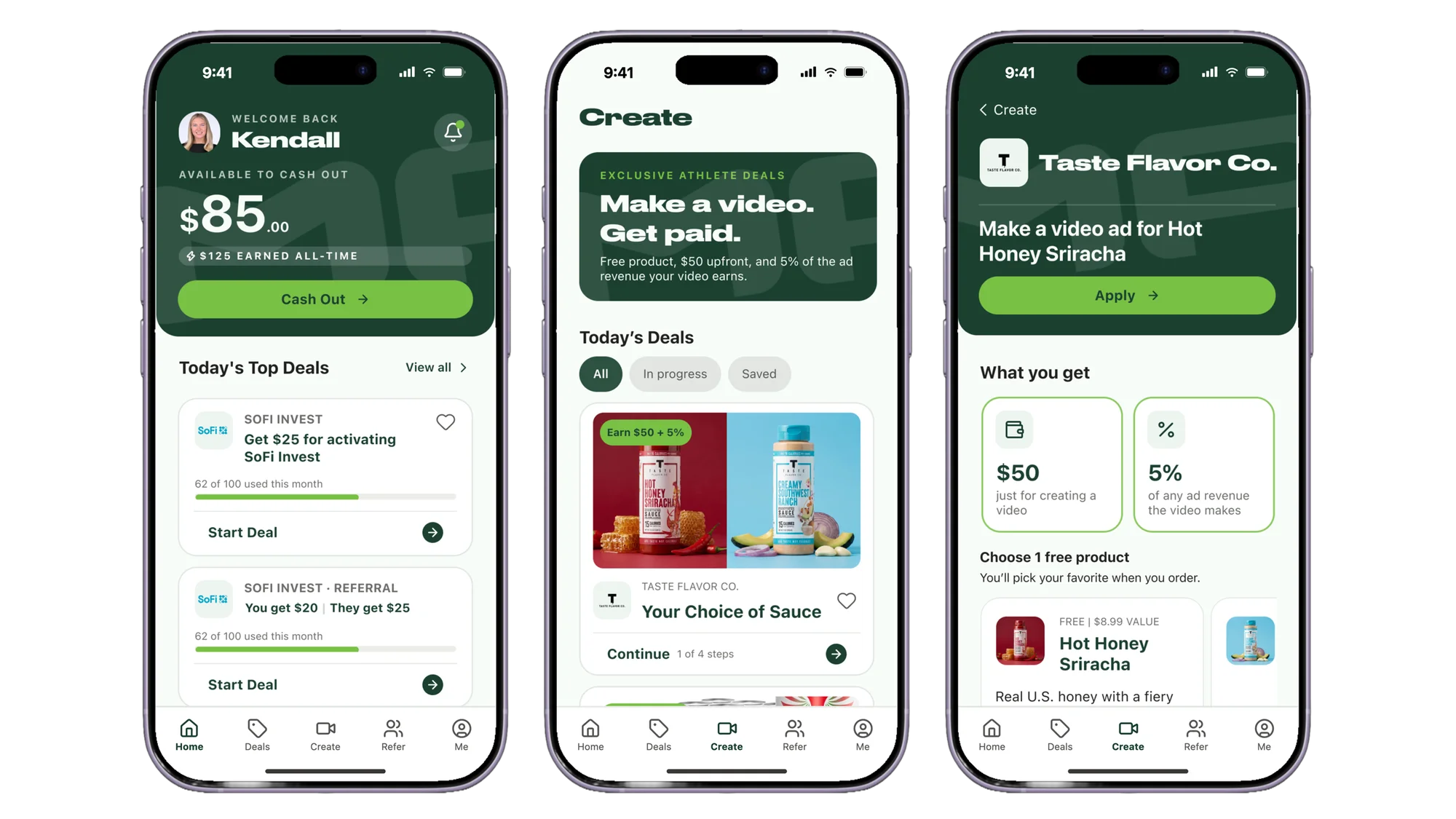 Home, Create landing page and deal detail page of the MarketPryce Rewards app on three iPhones